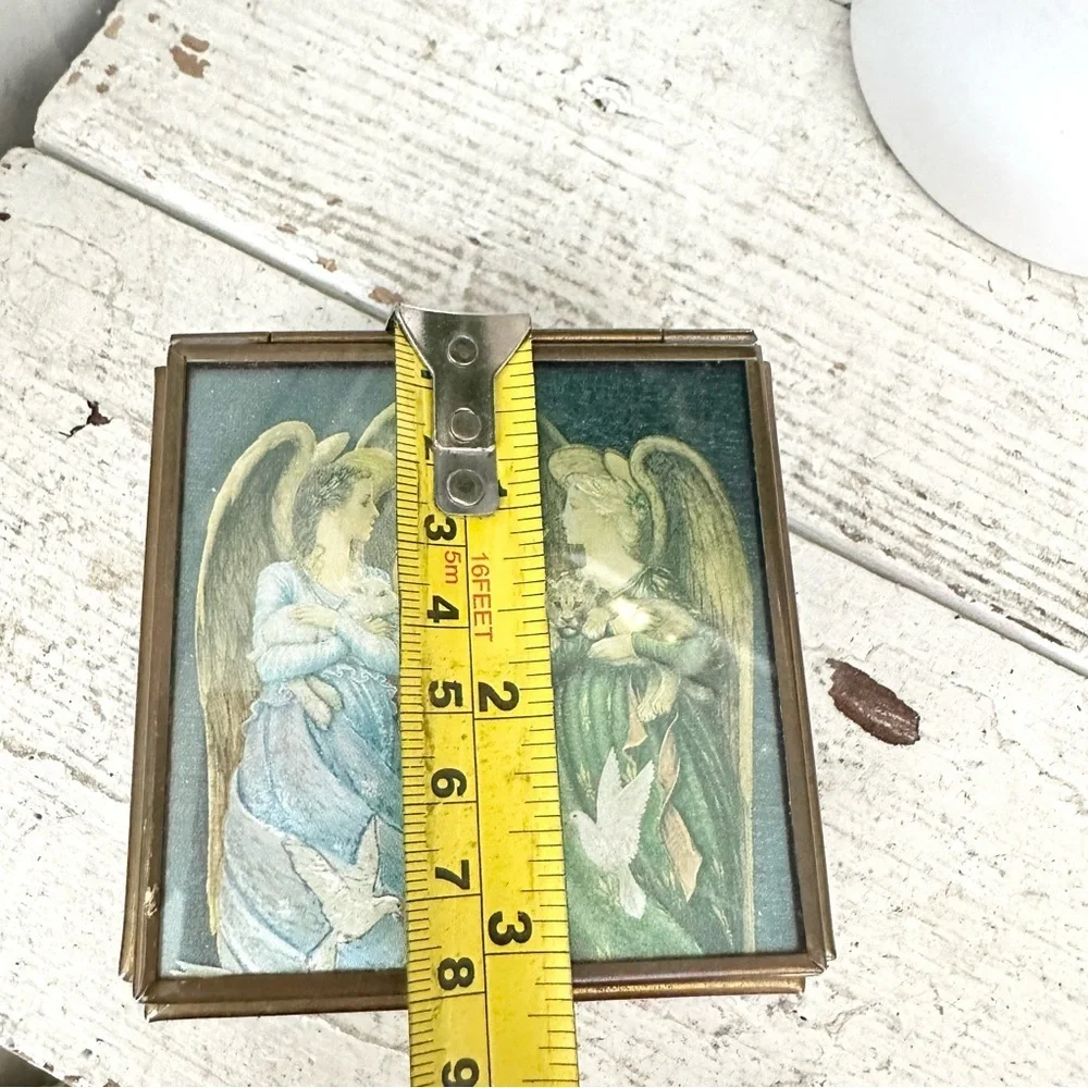 3/$22🩶 Vintage Angels Via Vermont Glass Brass Trinket Jewelry Box Mirror